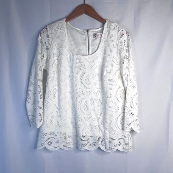 Nanette Lepore White Lace 3/4 Sleeve Back Zip Dressy Evening Blouse Size M/L - Picture 10 of 10